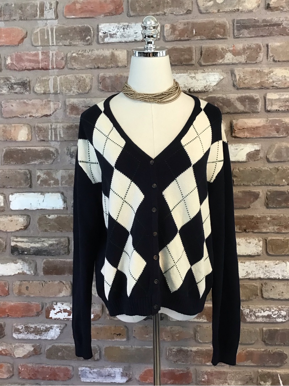 JOHN GALT Women's Navy Blue & Cream Argyle V-Neck Cardigan Sweater L - Picture 2 of 6